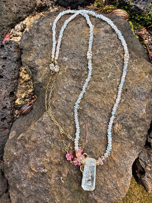 Aquamarine, Morganite & Moonstone necklace, long